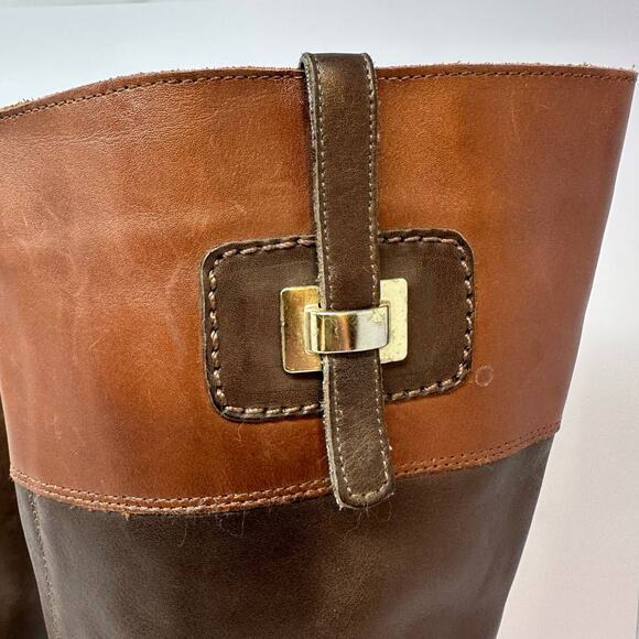 Two Tone Leather Riding Boots Women’s SZ 36 Equestrian Buckle Zip Low Heel Luxe - Picture 3 of 13